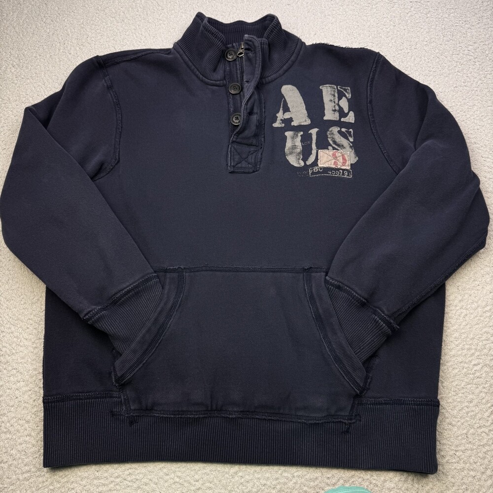 American Eagle Pullover Sweater Mens XL Blue Quarter Button Patch AE US Casual